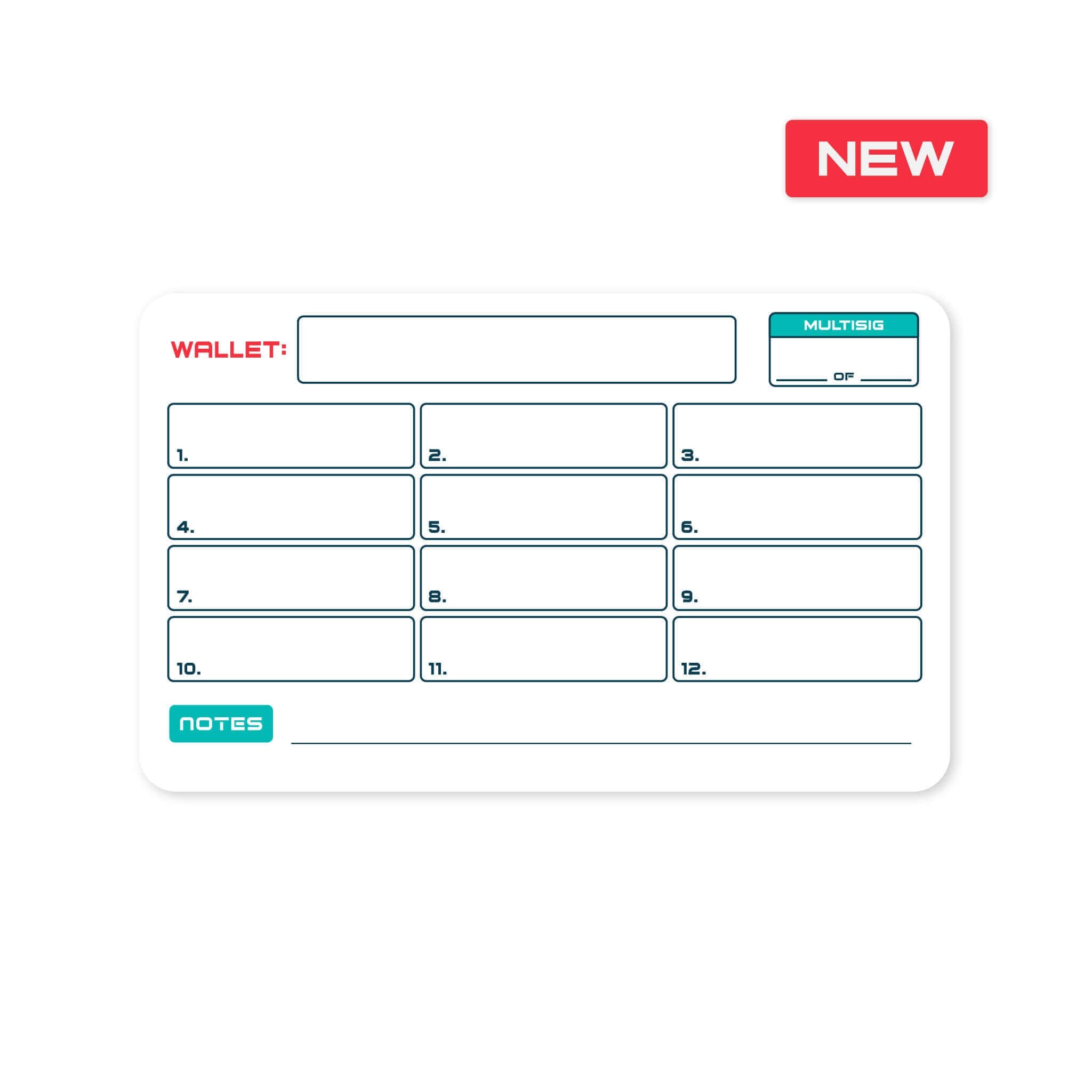 Crypto seed phrase storage Multisig stonecard with designated wallet and notes sections for secure listing.