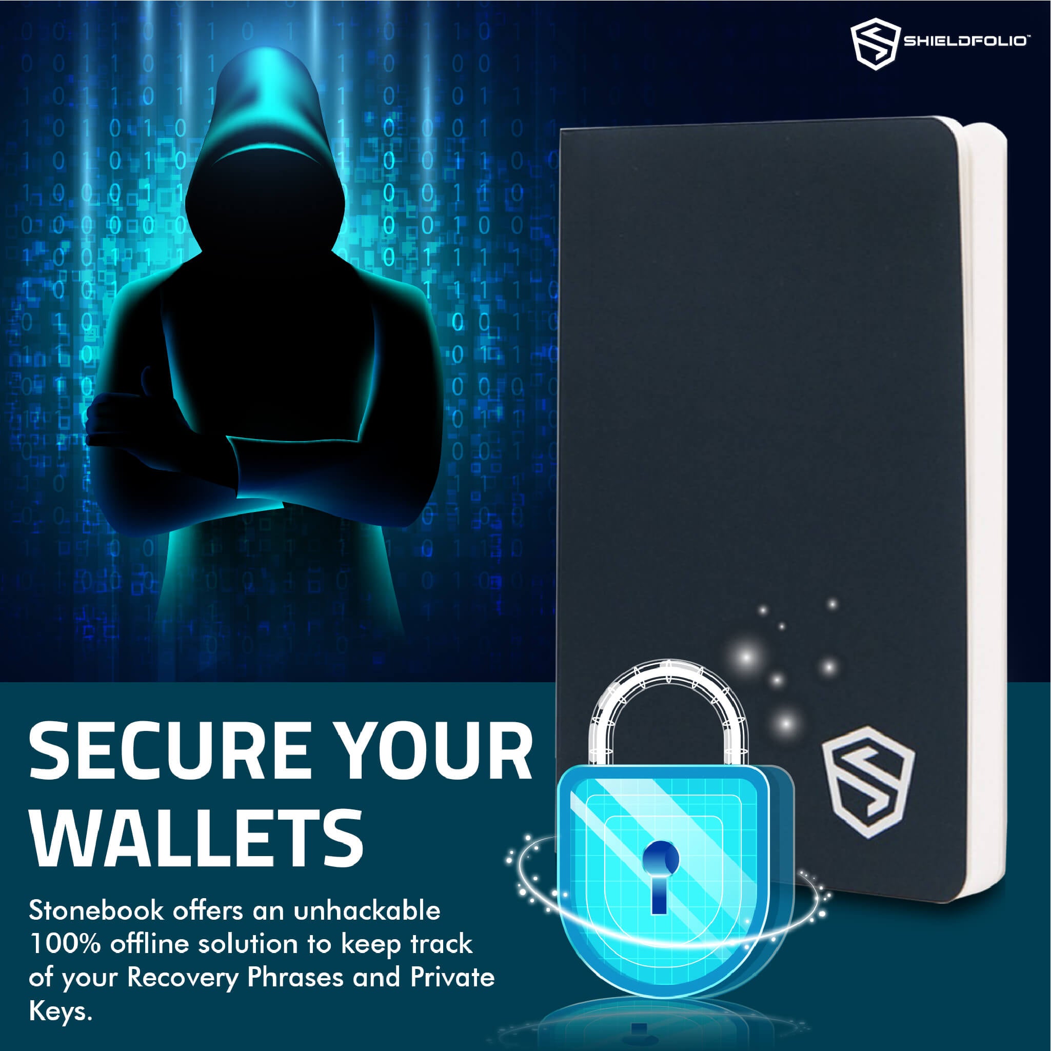 Stonebook infographic of a hacker not able to hack the stonebook since its 100% Offline