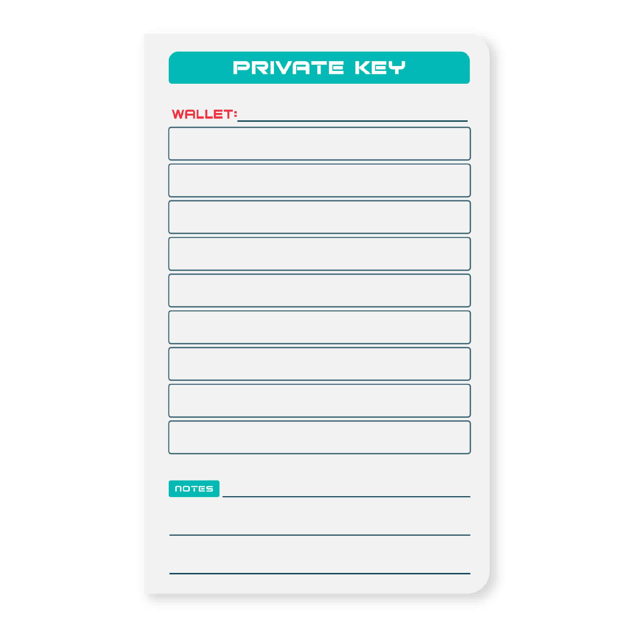 Stonebook ™ Notebook page to record your private key from a hardware wallet with a notes section at the bottom on a white background