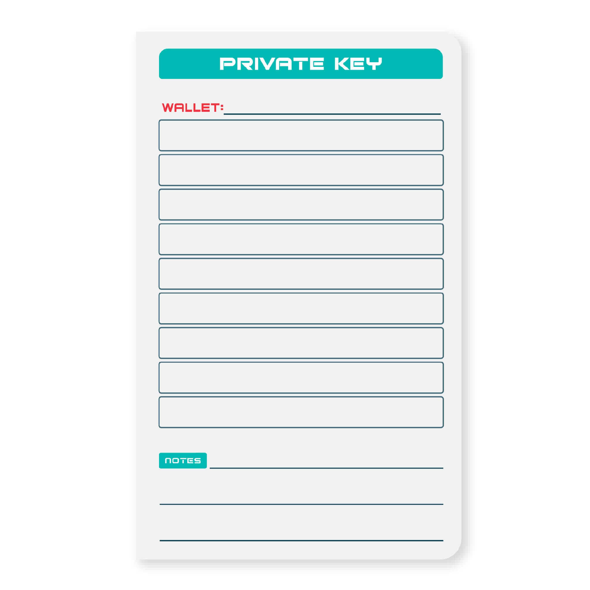Crypto seed phrase storage page for securely writing down private keys and wallet information.