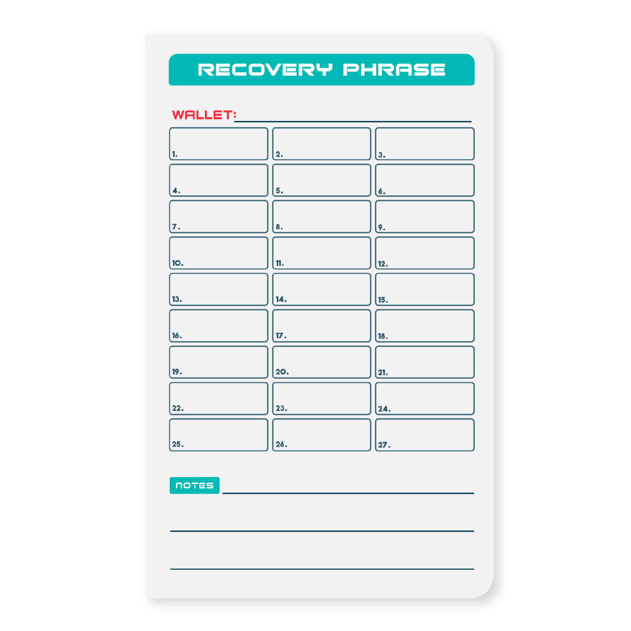 Stonebook ™ Notebook page used to record a cryptocurrency recovery phrase or seed phrase with a place for notes at the bottom on white background