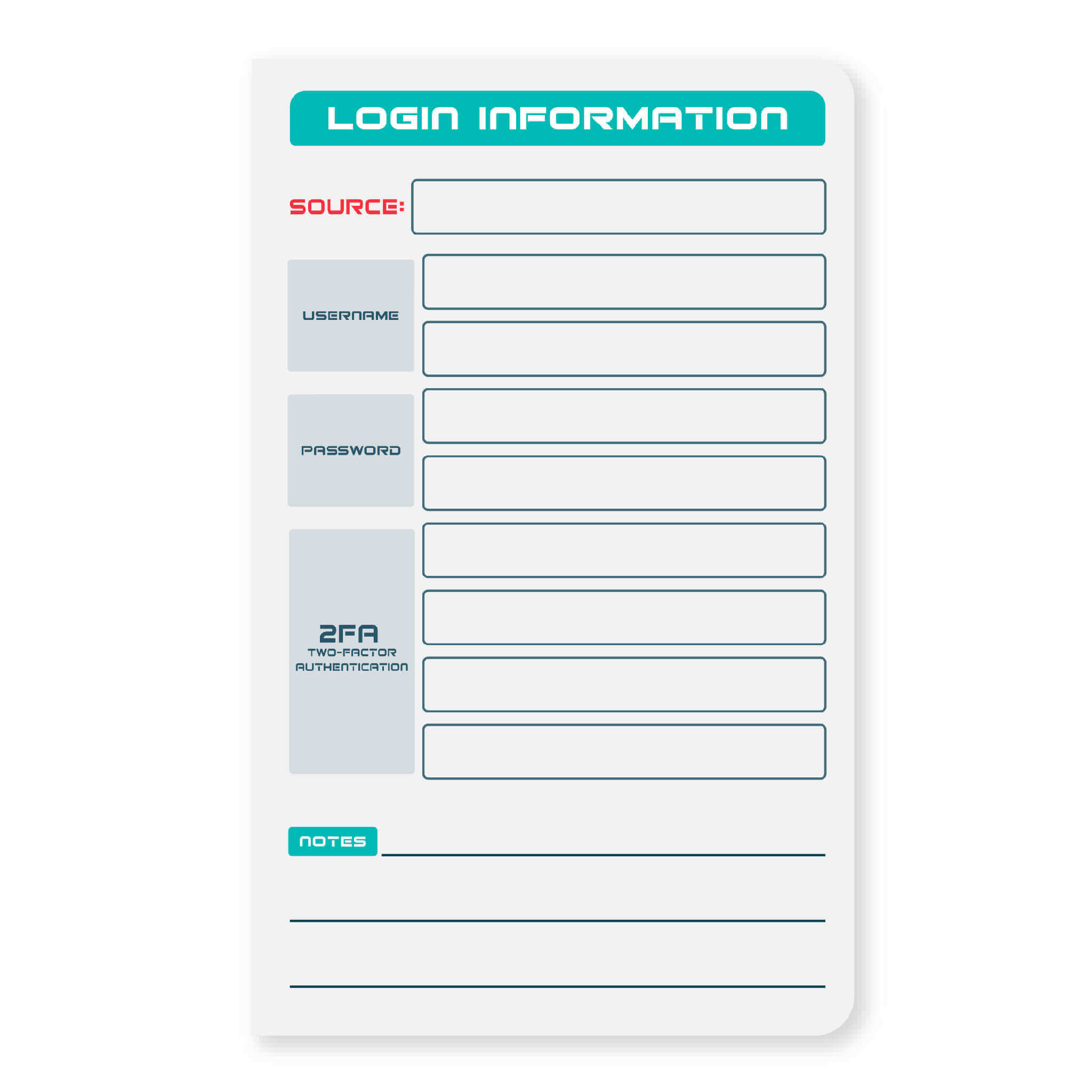 Login information template with fields for source, username, password, 2FA, and notes.