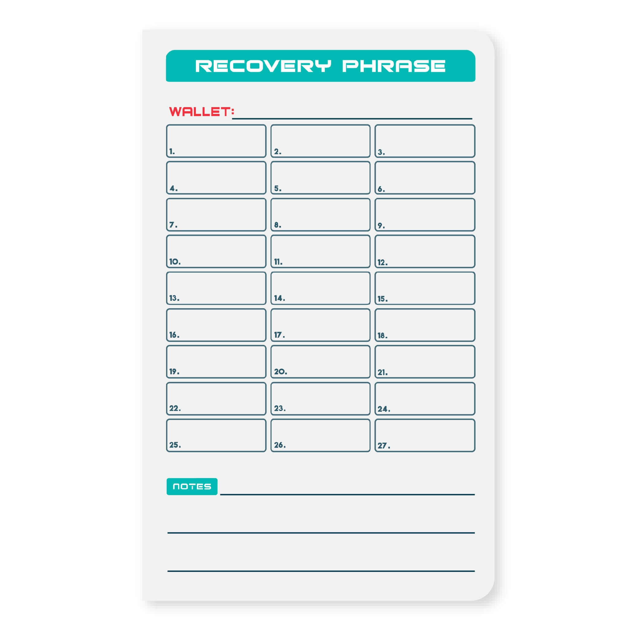 Recovery phrase page in the shieldfolio stonebook waterproof seed phrase notebook