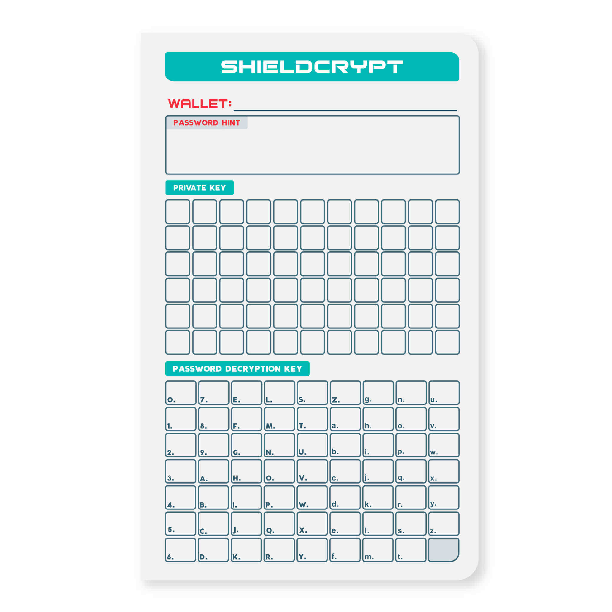 Crypto seed phrase storage page with shieldcrypt cipher encryption method to hide your private key behind password hint questions.