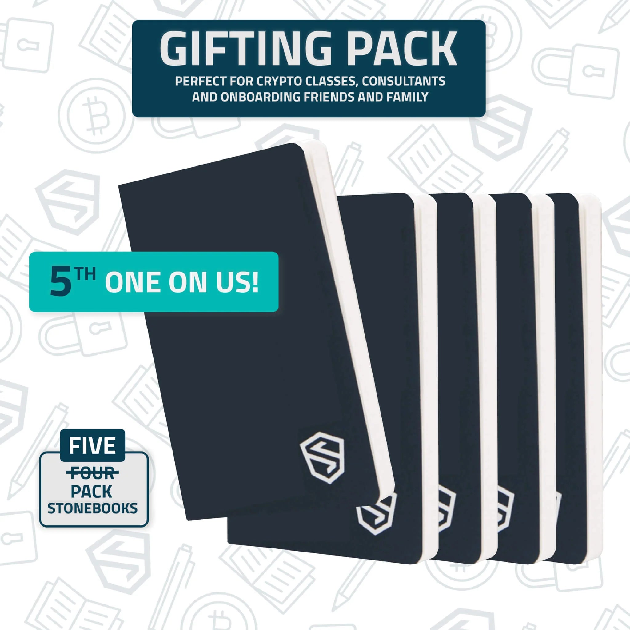 5 pack stonebook set for gifting which includes a bonus stonebook. Backup seed phrases, private keys, and more.