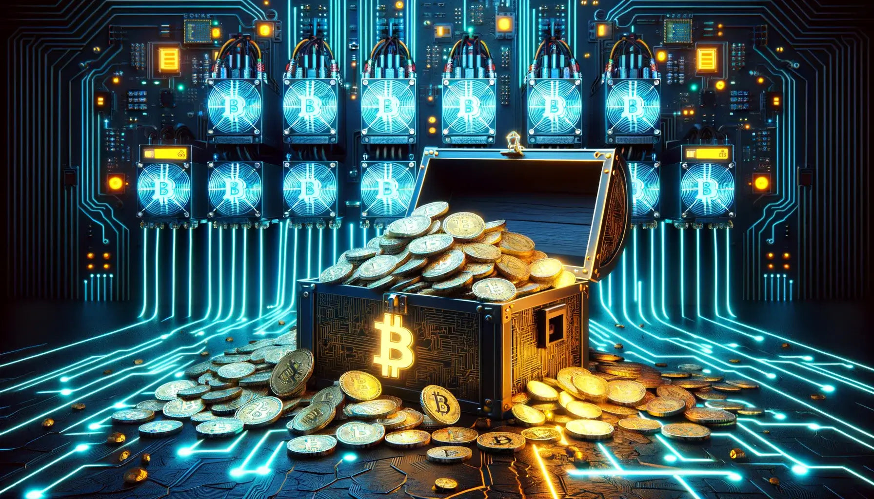 Treasure chest filled with bitcoin coins on a glowing circuit board background