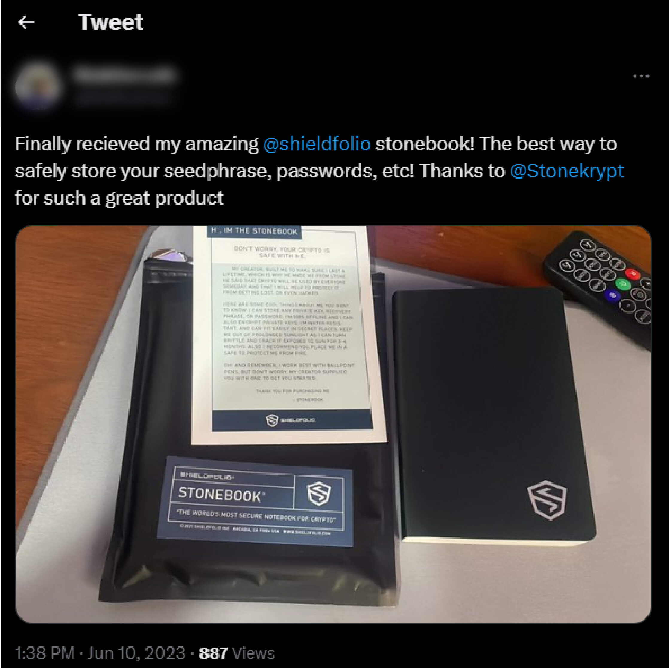 Twitter review for cold wallet seed phrase storage notebook by shieldfolio stonebook