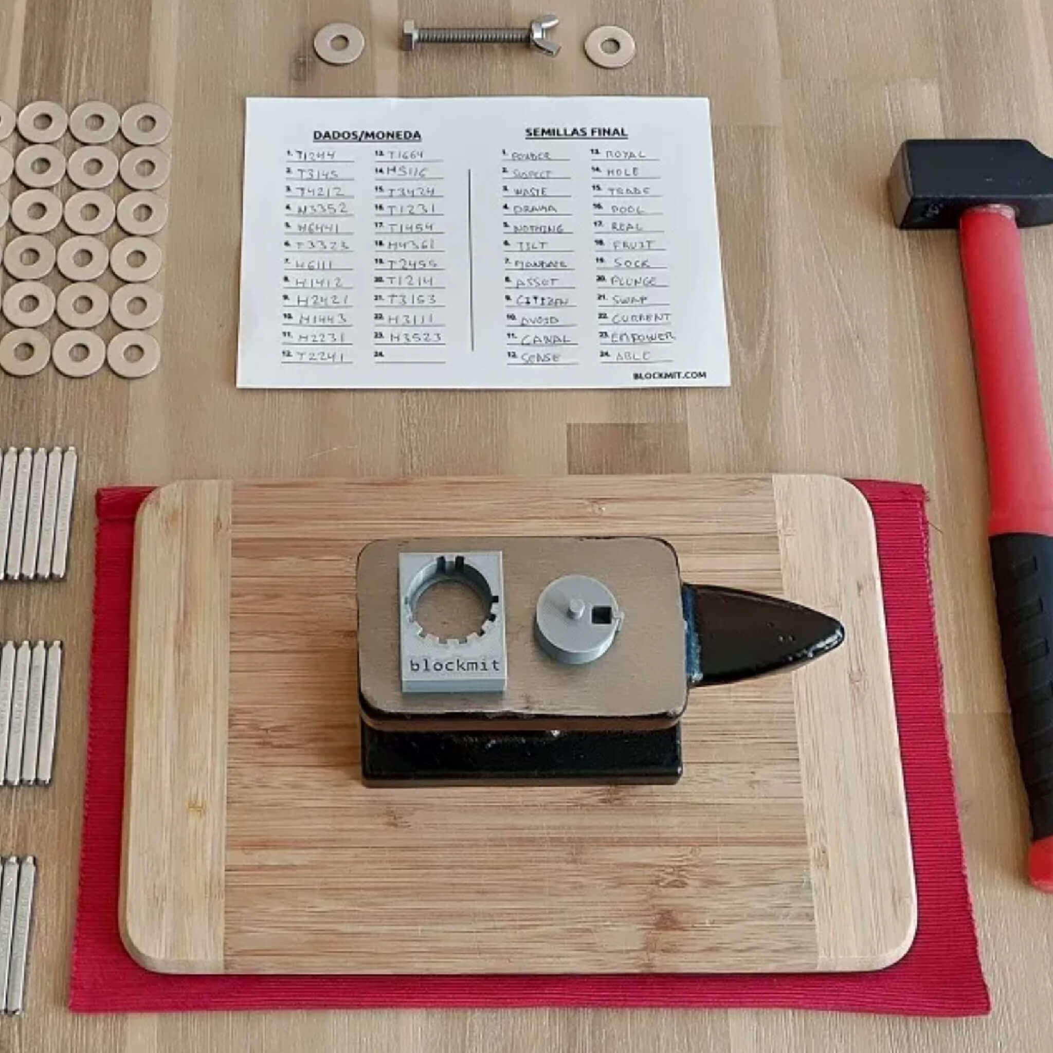 Cryptocloaks Blockmit Jig setup with washers, bolts, jig and seed phrase paper