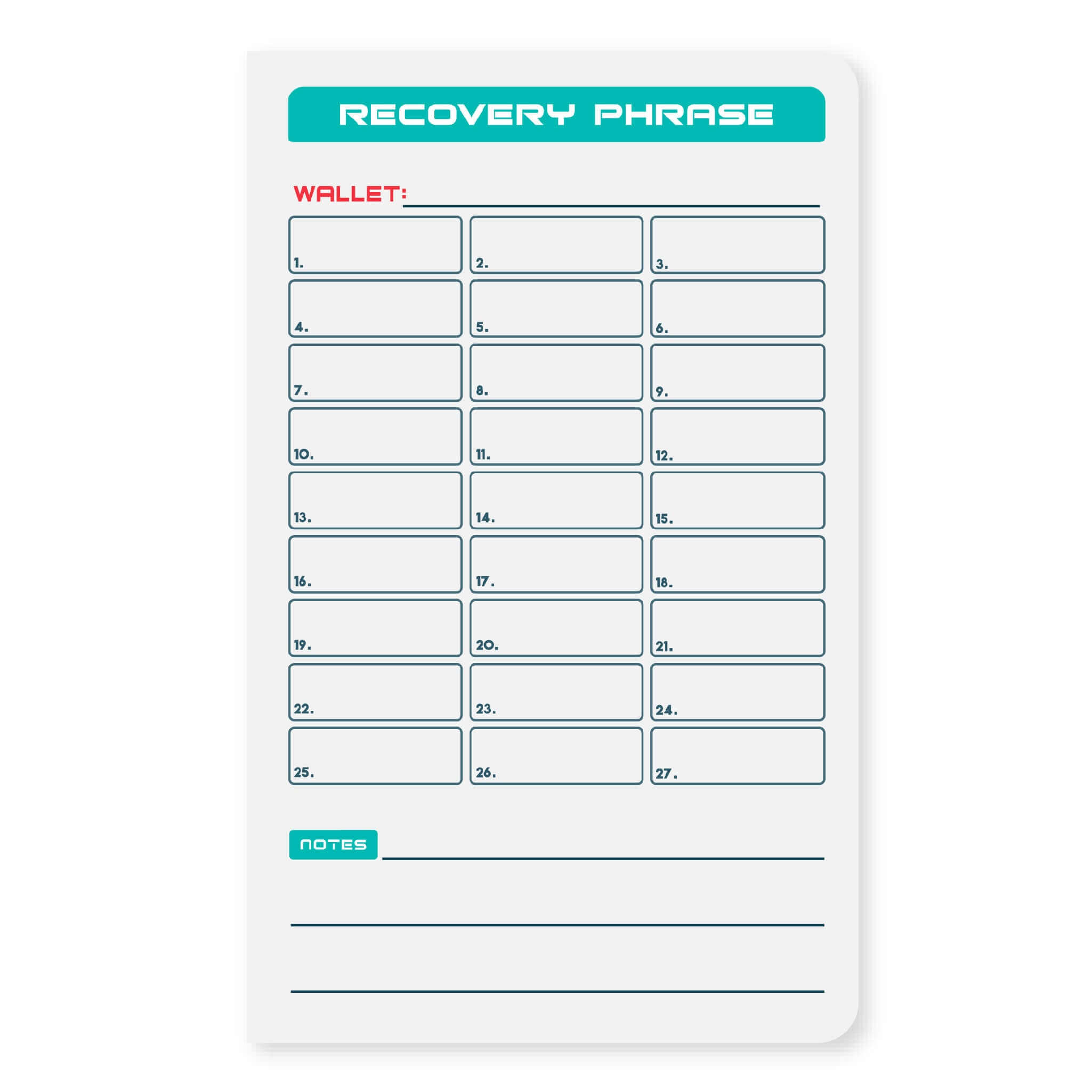 Recovery phrase page in the shieldfolio stonebook waterproof seed phrase notebook