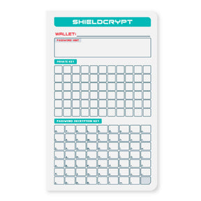 Crypto seed phrase storage page with shieldcrypt cipher encryption method to hide your private key behind password hint questions.