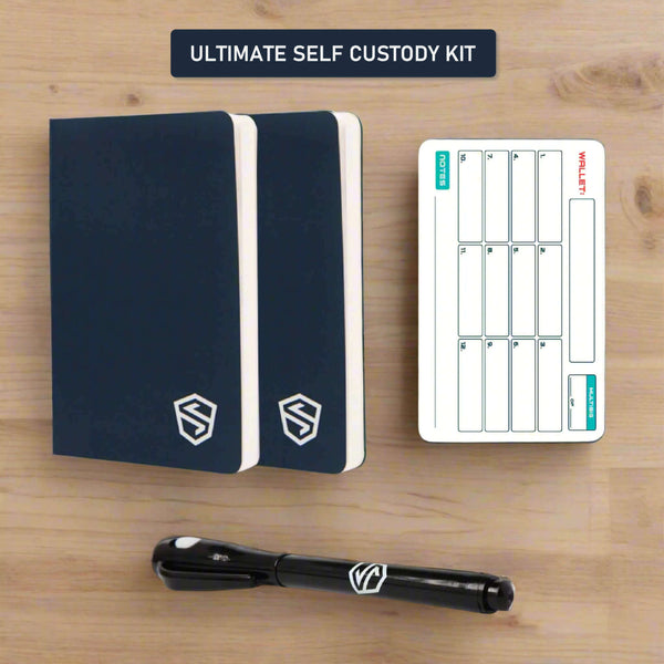 Stonebooks, seed phrase storage cards, and invisible ink ghost pen. 